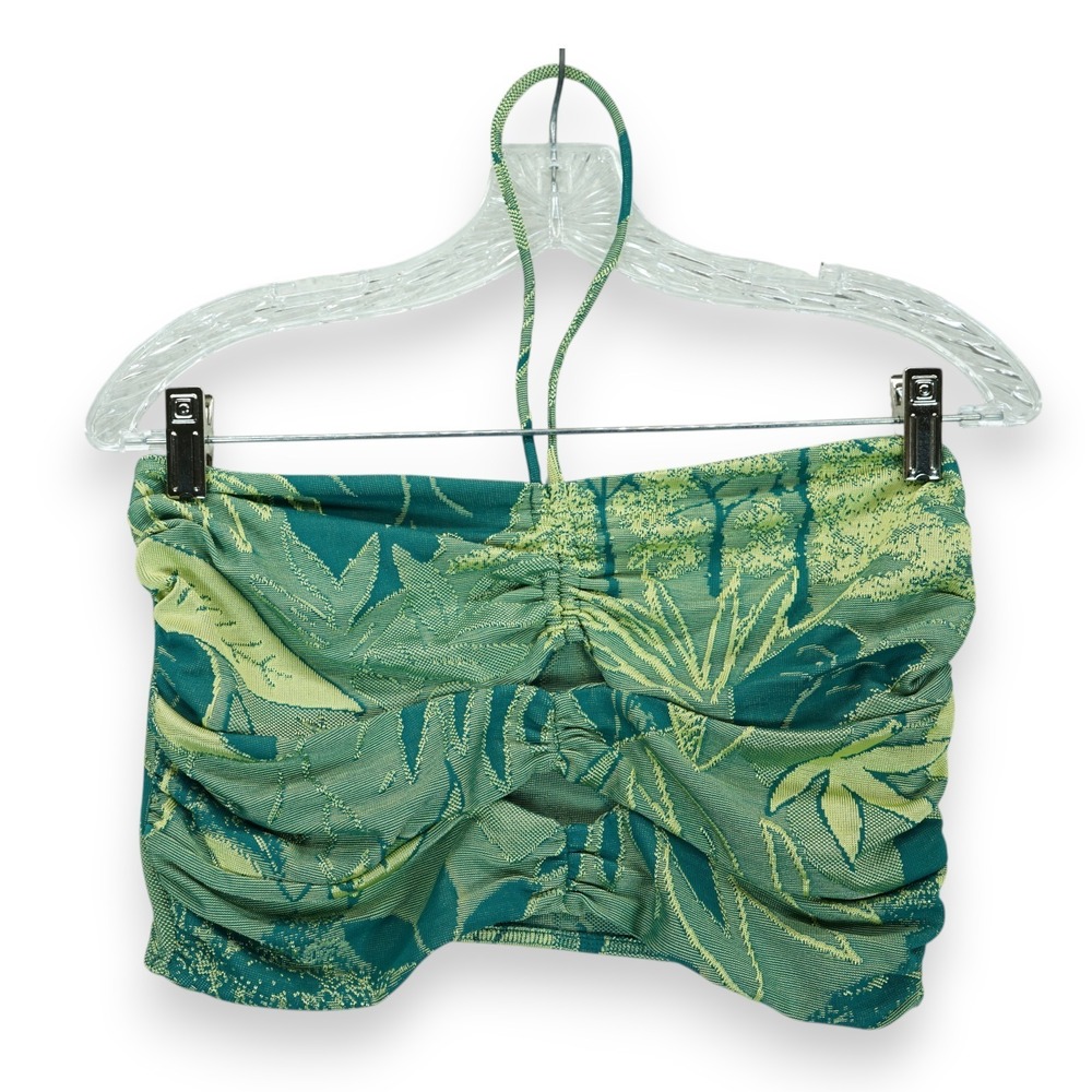 ZARA JACQUARD TOP‎ WITH CUT-OUT DETAIL GREEN TROPICAL CROP HALTERNECK LARGE